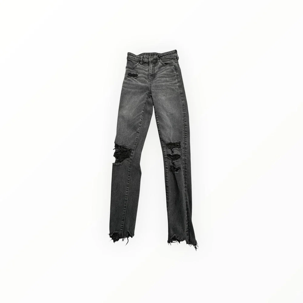 American Eagle Jegging Crop Womens 0 Black Next Level Stretch Distressed Raw Hem
